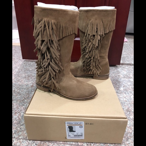 Zara Other - NWB Zara Girls Fringed Taupe Leather Boots Sz 3